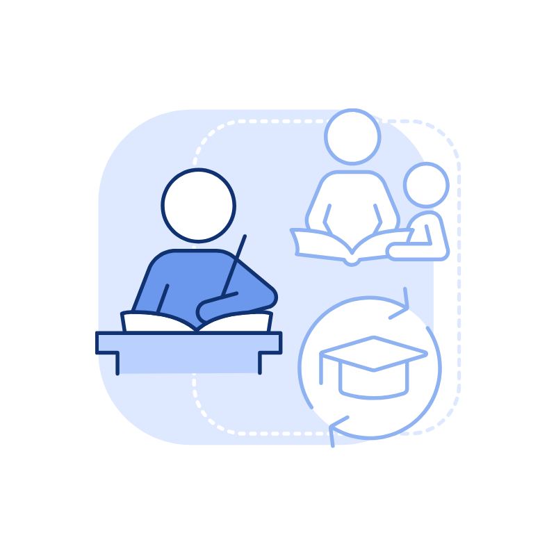 An illustration depicting remote learning and education, featuring a person studying, two individuals reading books, and a graduation cap, connected by dashed lines symbolizing online education.