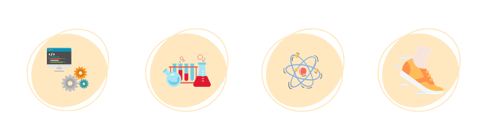 Icons representing computer coding, chemistry experiments, atomic physics, and ice skating.