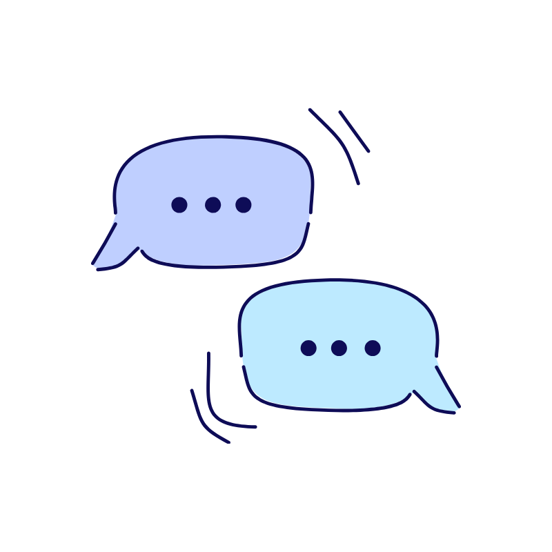 Two speech bubbles, one darker blue and one lighter blue, with three dots inside each, indicating a conversation or chat.