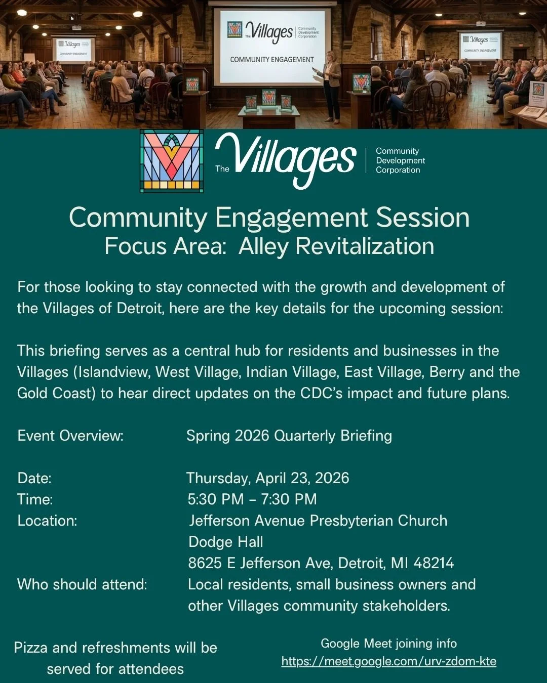 REMINDER - please plan to join us this Thursday April 23, 2026 for our quarterly community engagement session at Jefferson Avenue Presbyterian Church.  Doors open at 5:30 and the session will begin at 6pm.  Pizza will be served.