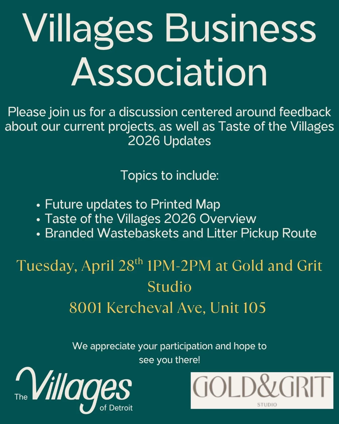 VBA Members- Please join us tomorrow from 1PM to 2PM at Gold &amp; Grit Studios for our quarterly engagement session.  We will discuss current initiatives and Taste of the Villages 2026.