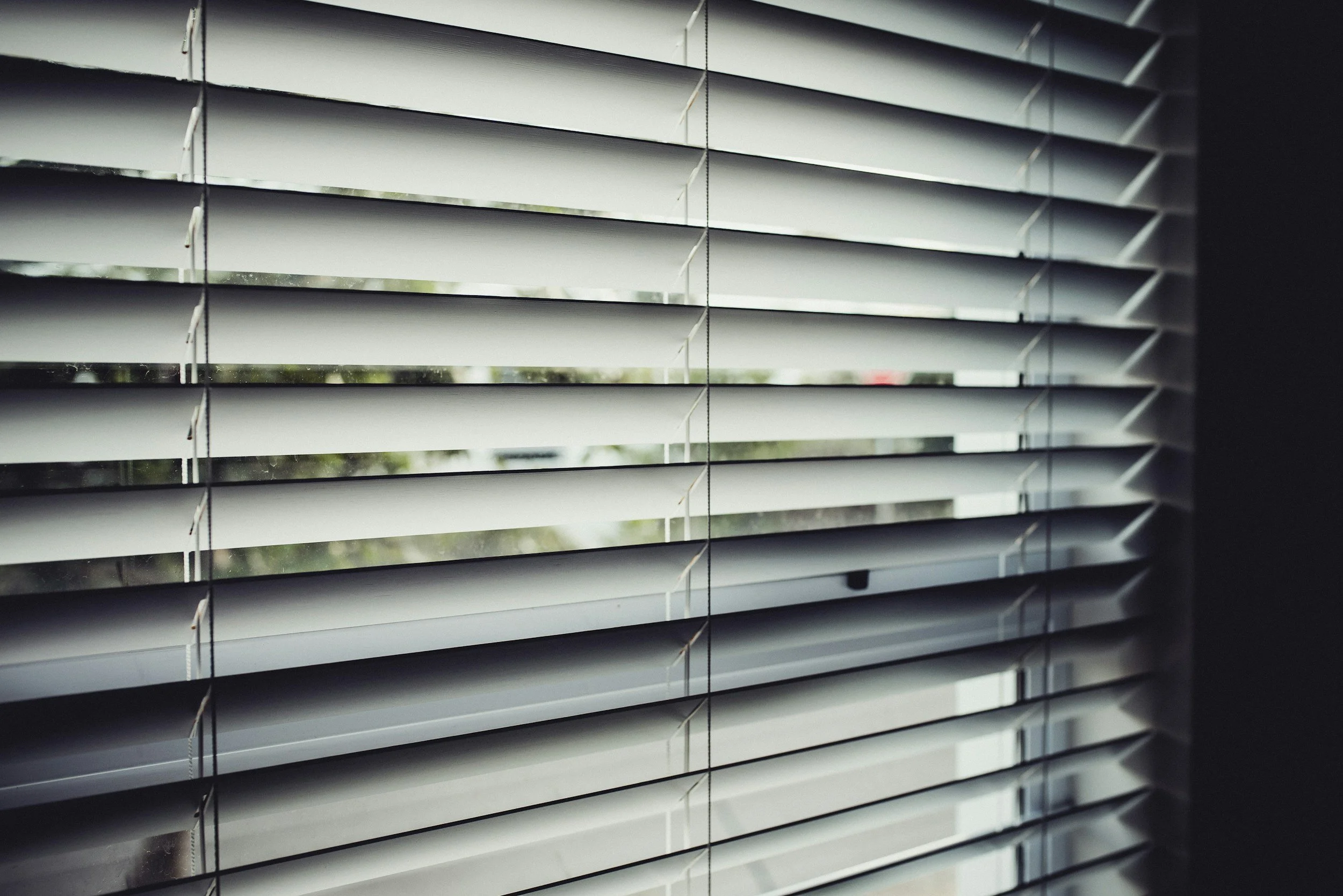 View through horizontal white window blinds with slight slope, showing a blurry outdoor scene with trees and sky.