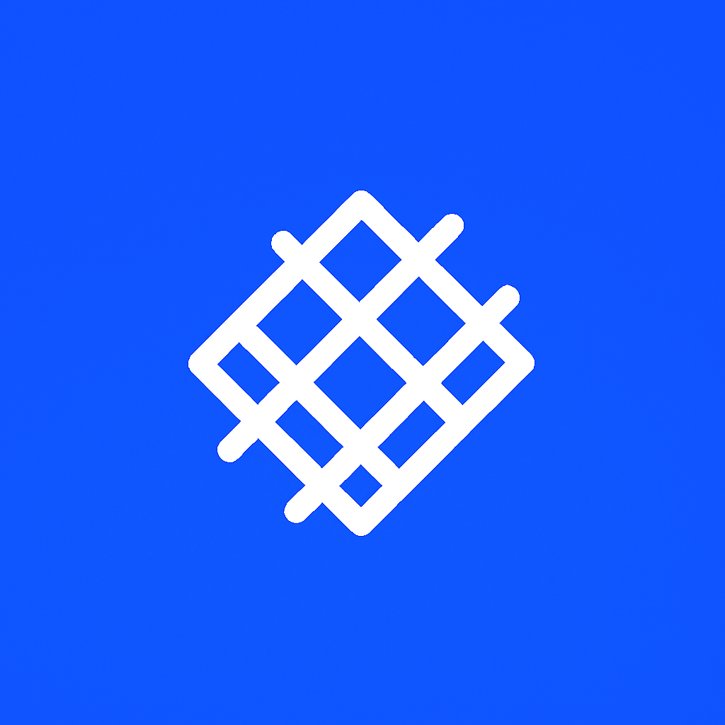 White geometric logo on a blue background.