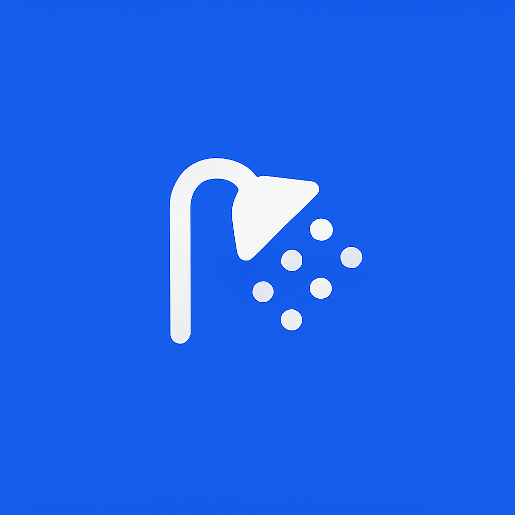 White showerhead icon with water droplets on a blue background.