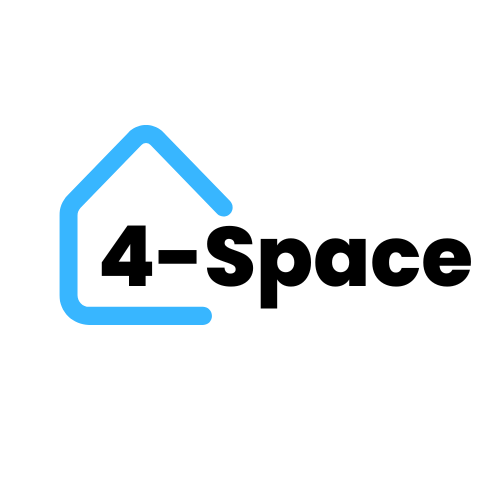 Logo with a house outline in blue and the text '4-Space' in black.