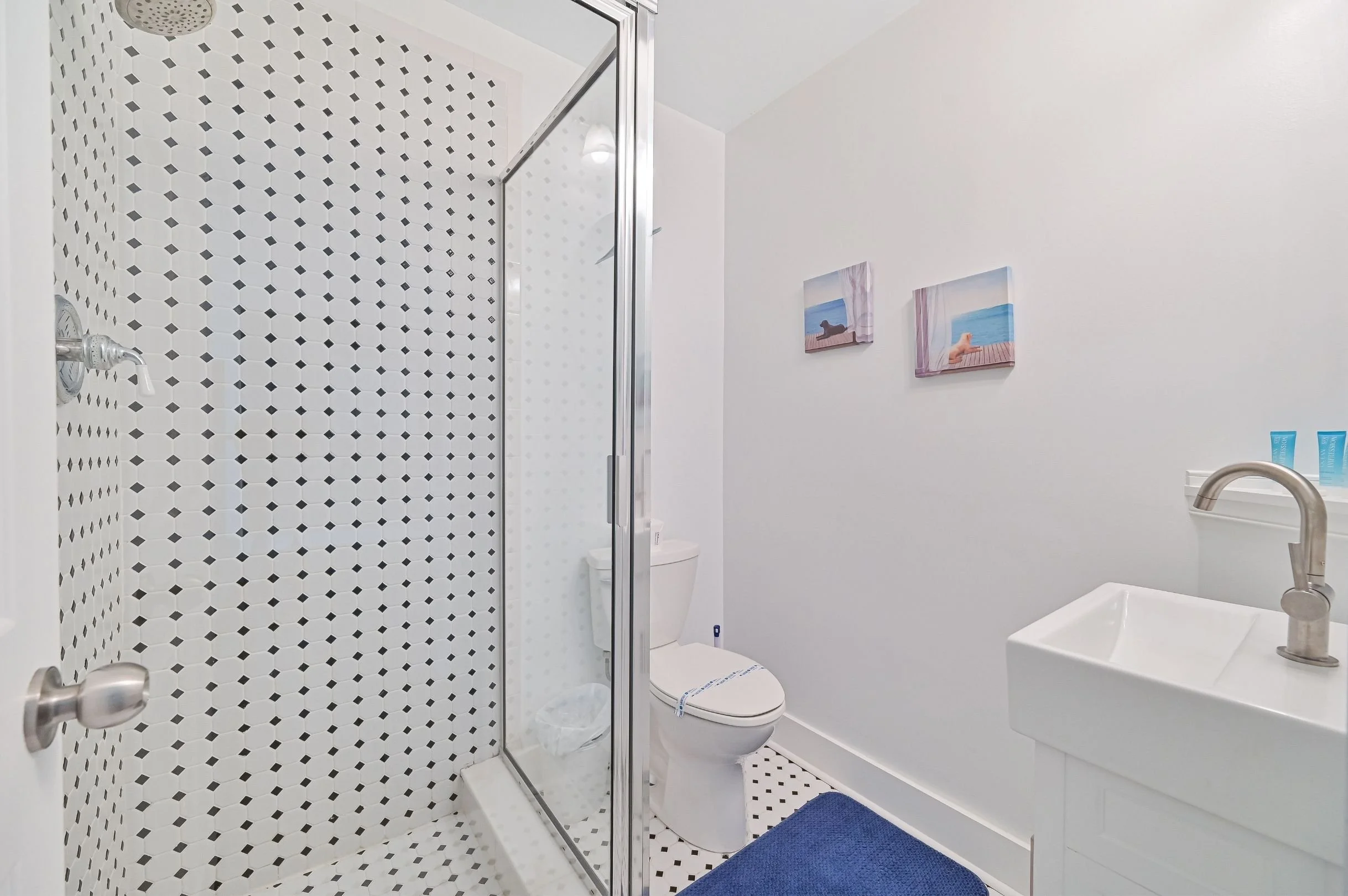 Small bathroom with white walls, a walk-in shower with black and white patterned tiles, a white toilet, a white sink with a brushed nickel faucet, and wall art depicting beach scenes. There is a blue bath mat on the floor.