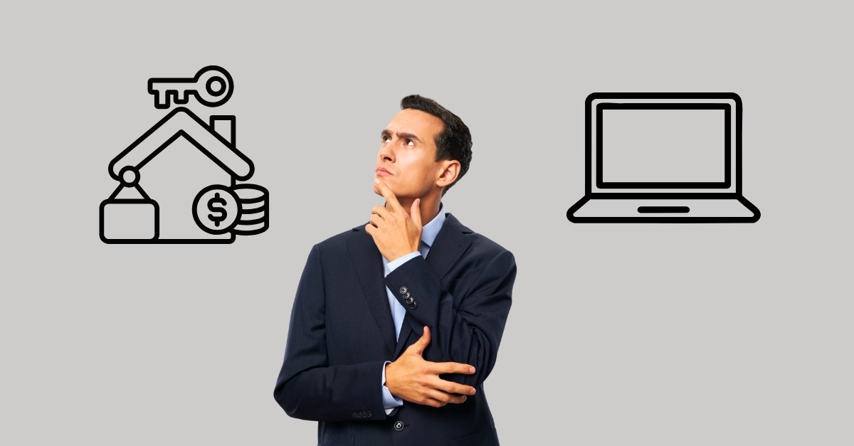 Businessman thinking between illustrations of vacation rental and laptop