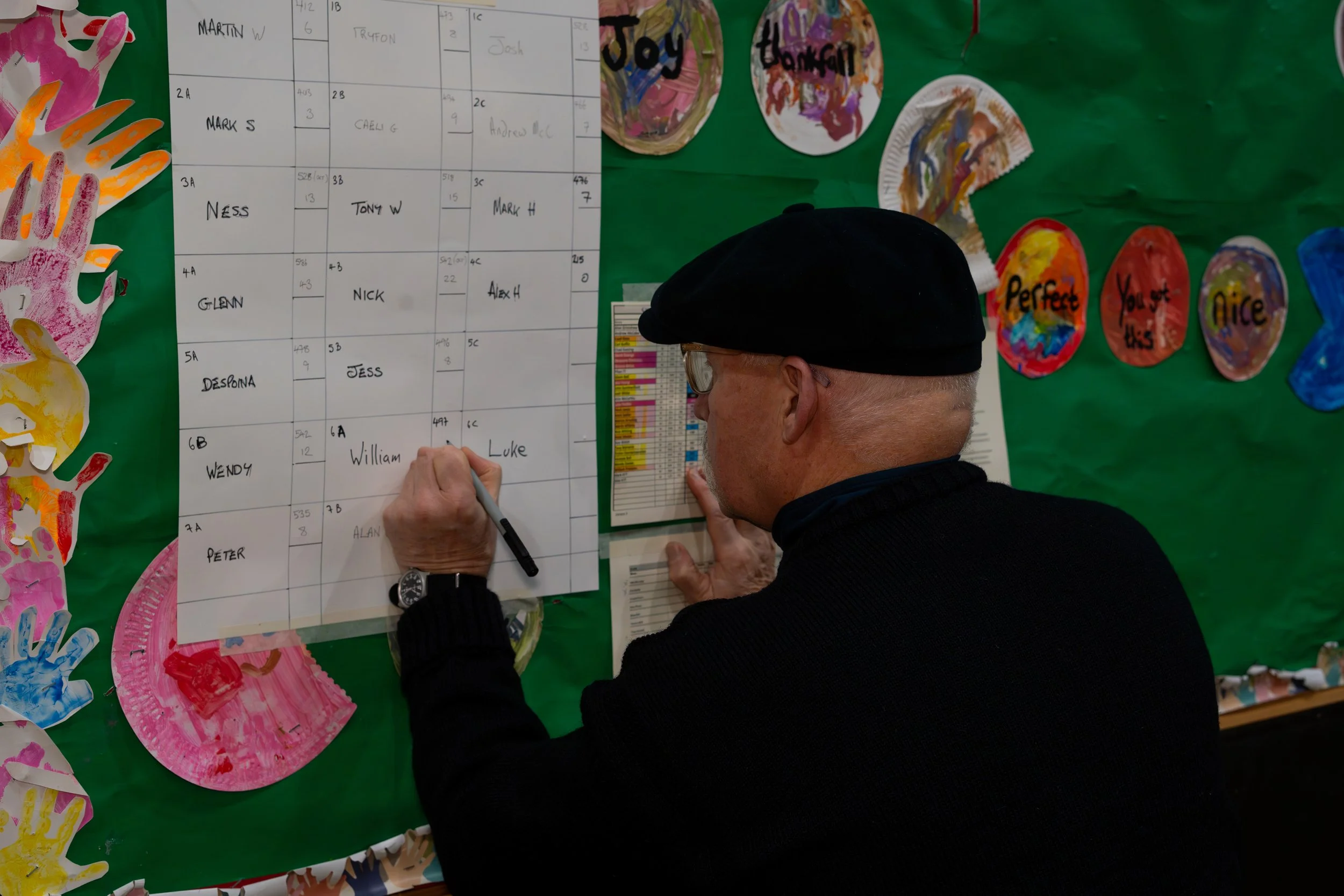 A man wearing a black beret and glasses, writing on a classroom schedule board filled with student names, set against a green bulletin board decorated with colorful paper cutouts and painted rocks with messages like 'Perfect,' 'You are just,' and 'Ni