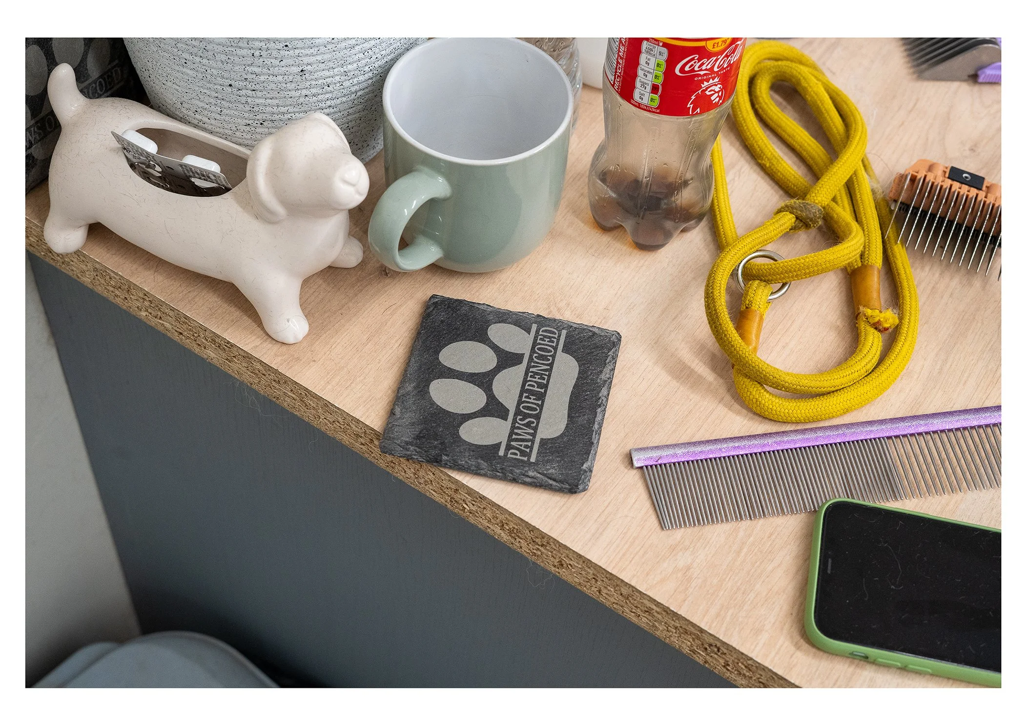 Various pet grooming and household items on a wooden surface, including a ceramic bear-shaped piggy bank, a mug, a Coca-Cola bottle, a yellow leash, a pet grooming rake, a slate tile with the words 'PAWS OF PENCOLD' and paw print, a tooth comb, and a