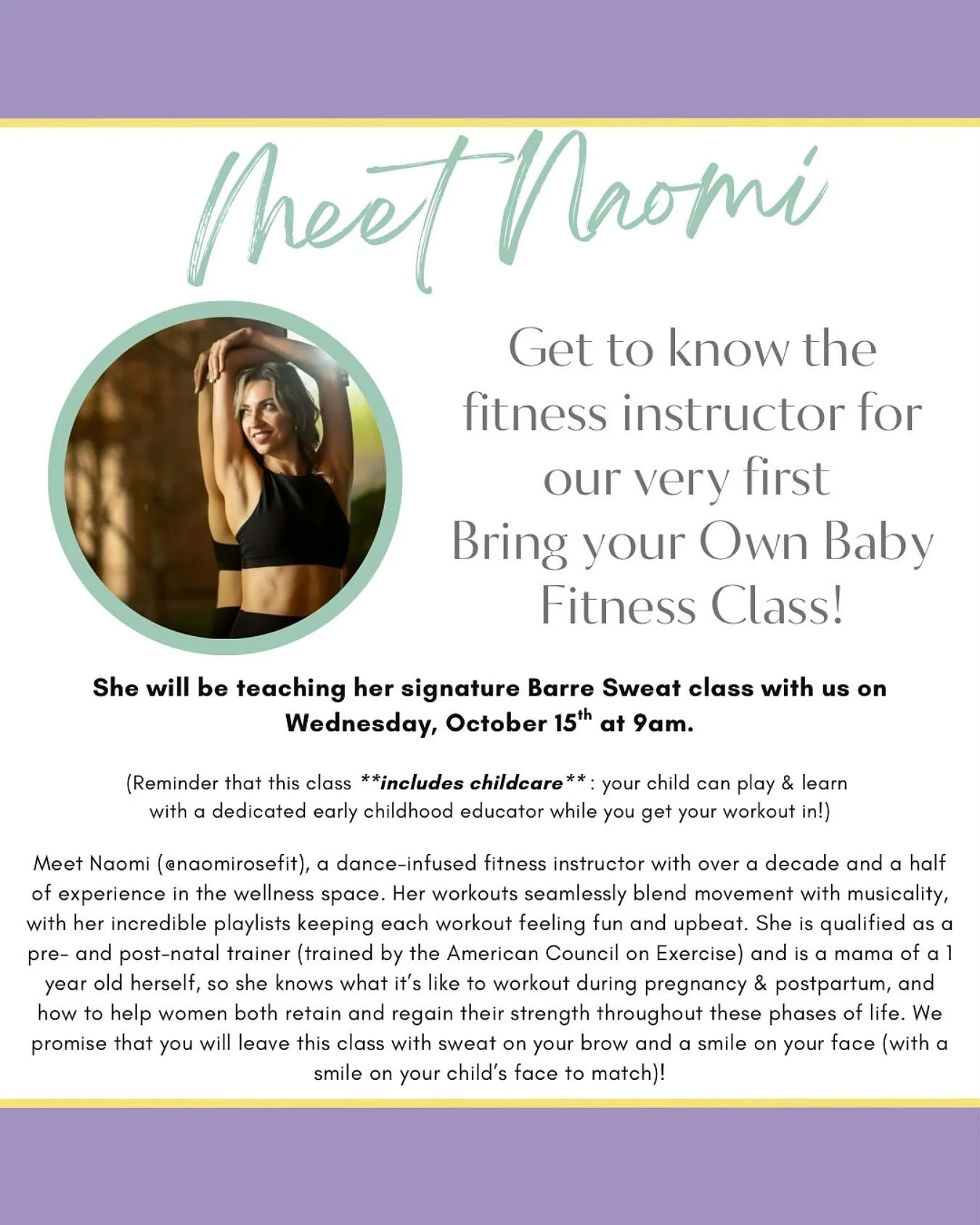 Join us next Wednesday (the 15th of October) for a fitness session that will leave you feeling incredible! And the best part? You can drop your child off to us to not just be supervised &amp; entertained, but also to learn with us! While you exercise