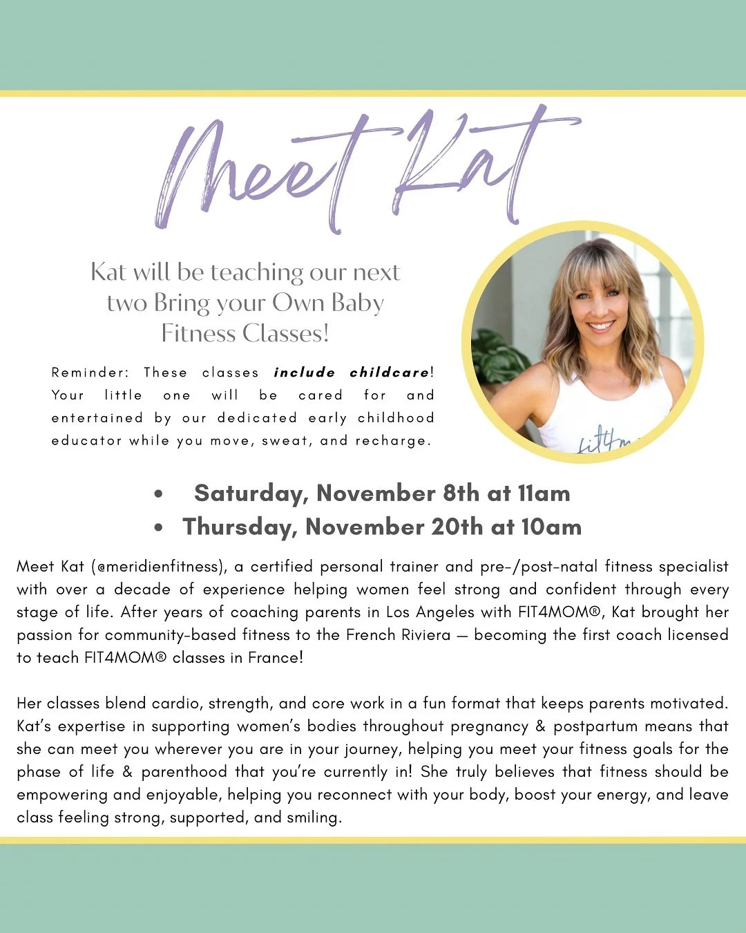 Join us on Saturday, November 8th at 11am for a fitness session with Coach Kat that will leave you feeling strong, refreshed, and ready to take on the weekend! 💪✨

With her upbeat coaching style and years of experience in pre- and post-natal fitness