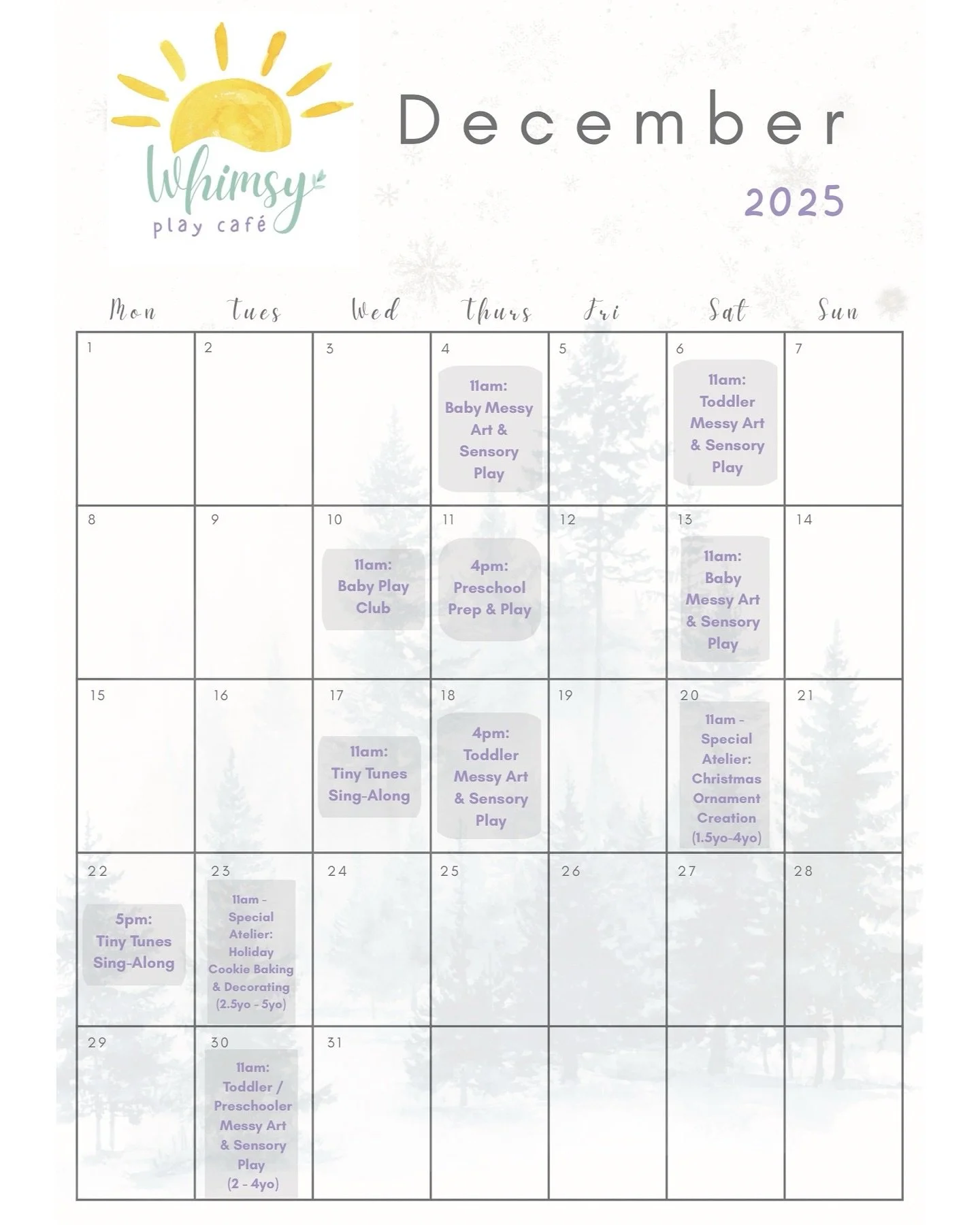 Our December calendar is here! You can now book this next month&rsquo;s classes at the link in bio. 

In December, you can expect:
☃️ fewer classes than usual, due to holidays and so many families traveling
🌲 2 holiday-themed special ateliers, which