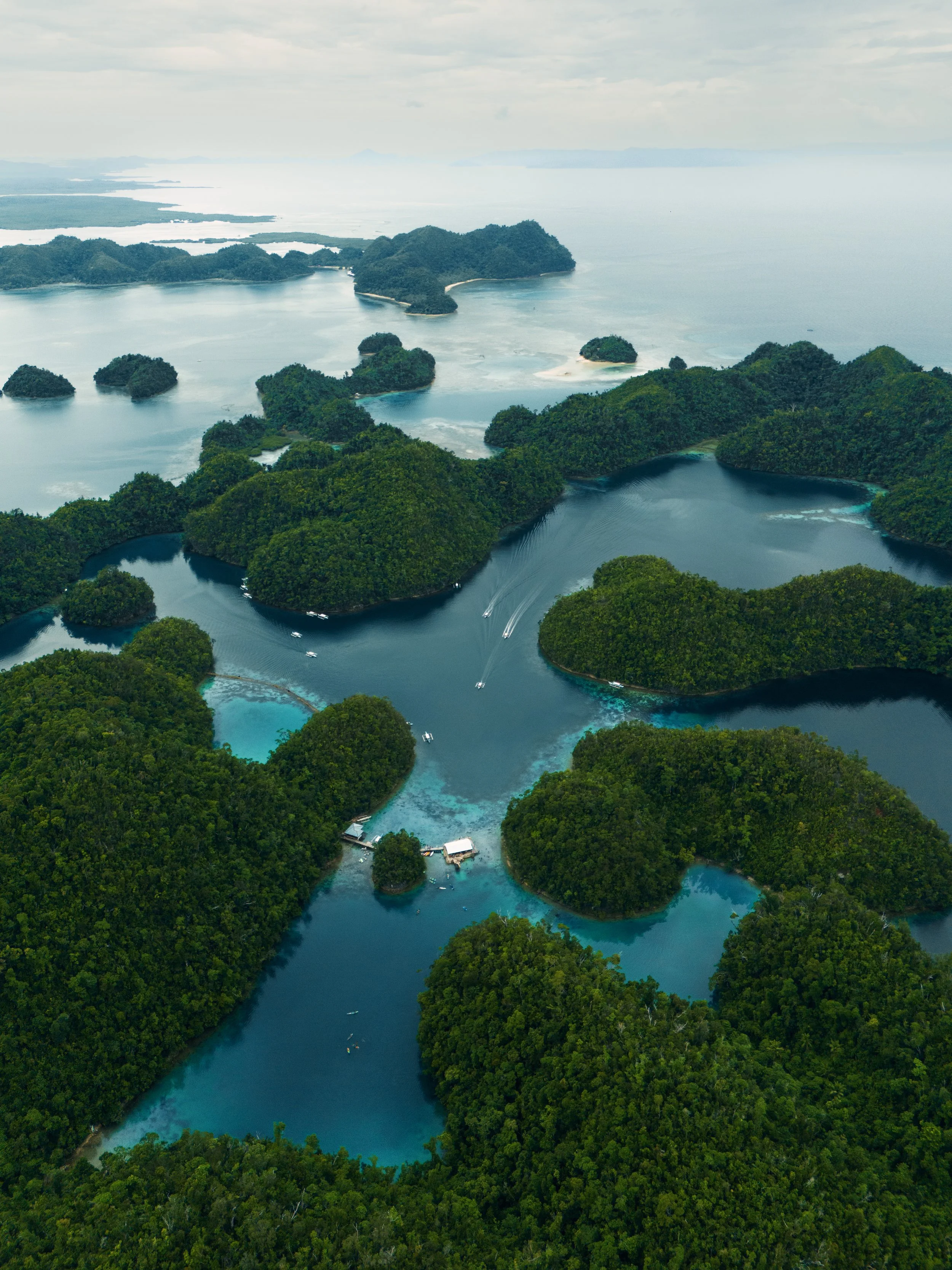 Aerial view of a tropical island with lush green vegetation and surrounding blue waters, featuring small boats and overwater bungalows.