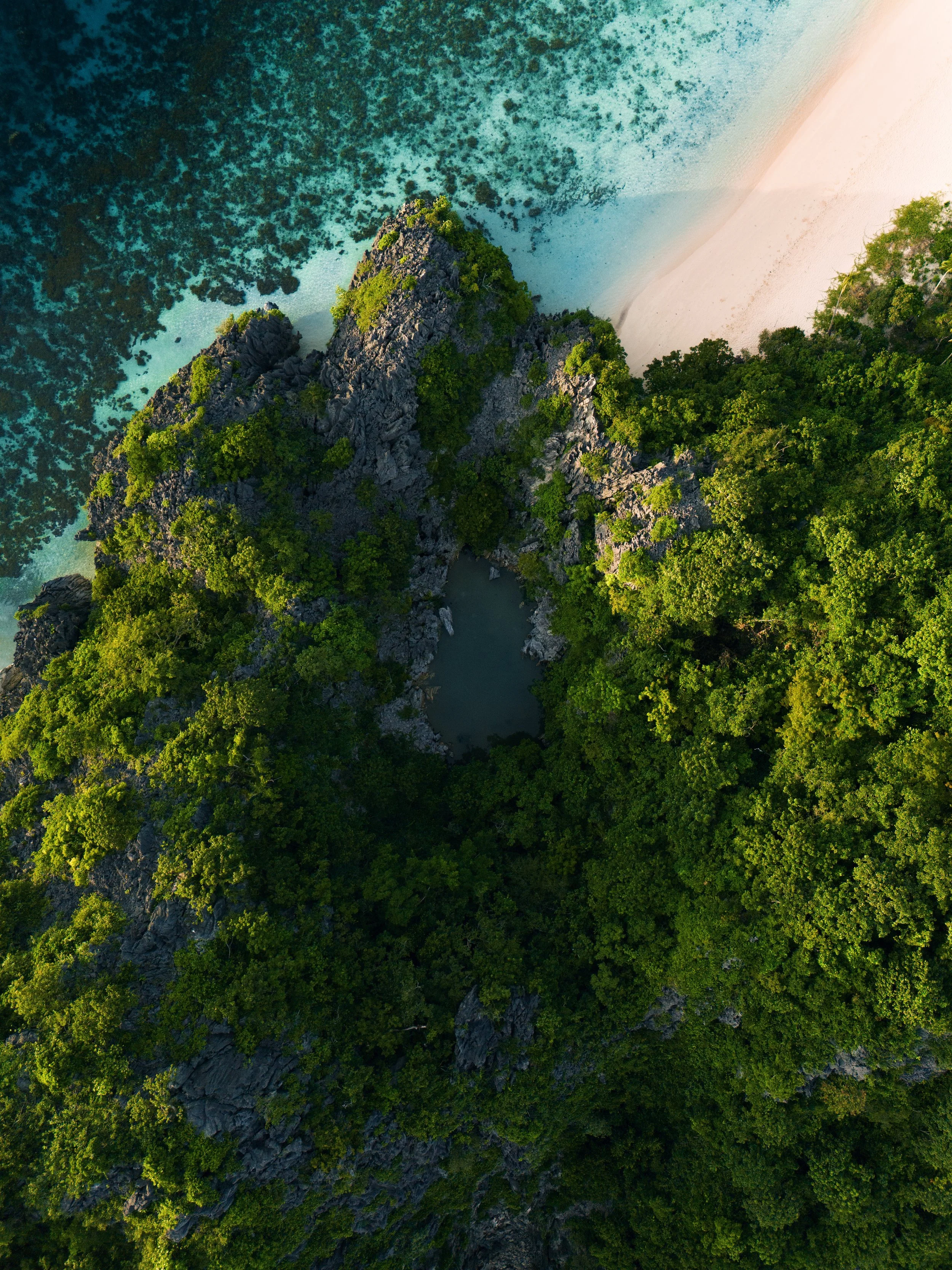 Aerial view of a rocky island covered in green trees, surrounded by clear turquoise water with a sandy beach shoreline.