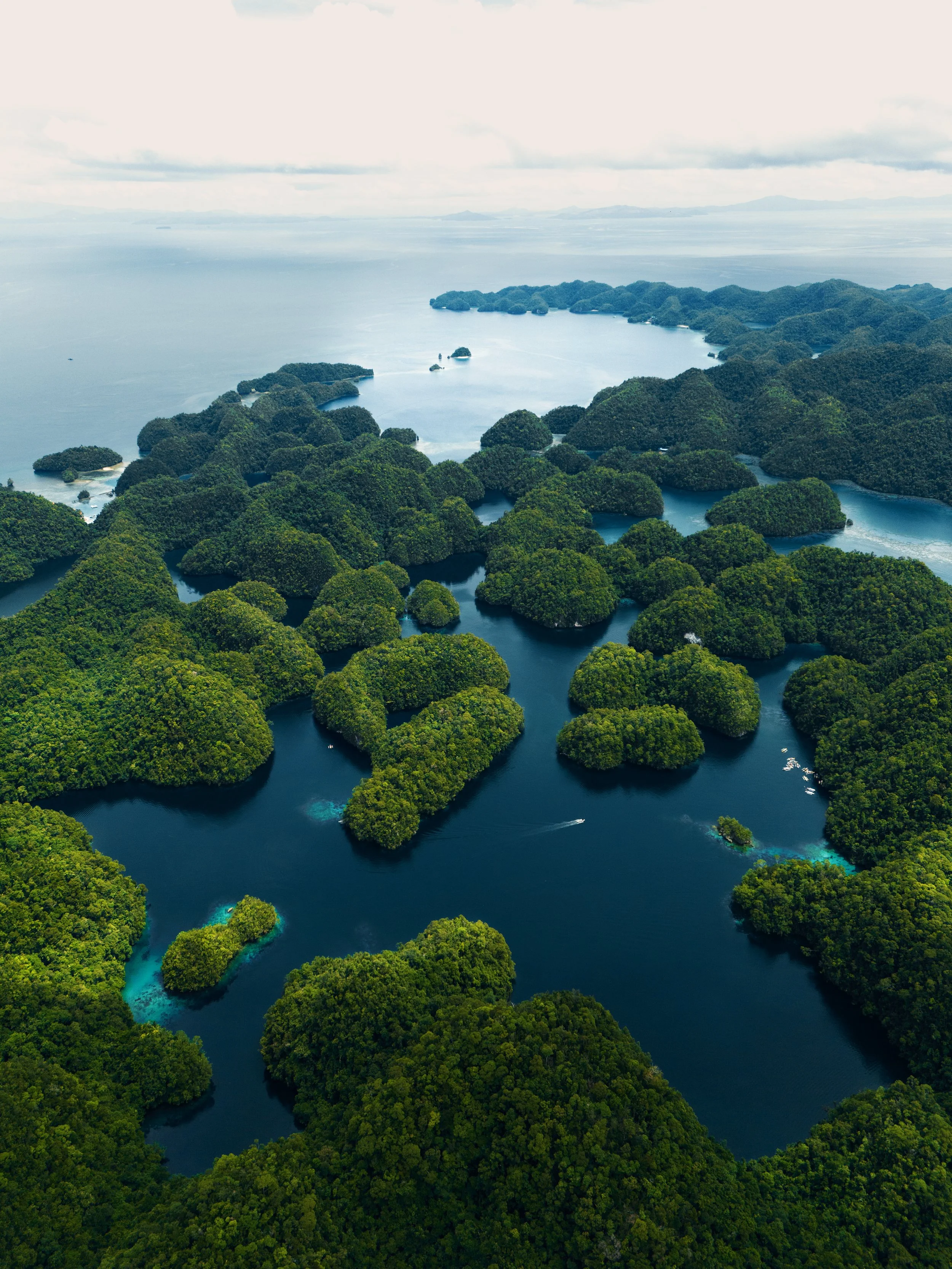 Aerial view of numerous green islands in blue water, with some boats visible, under a cloudy sky.