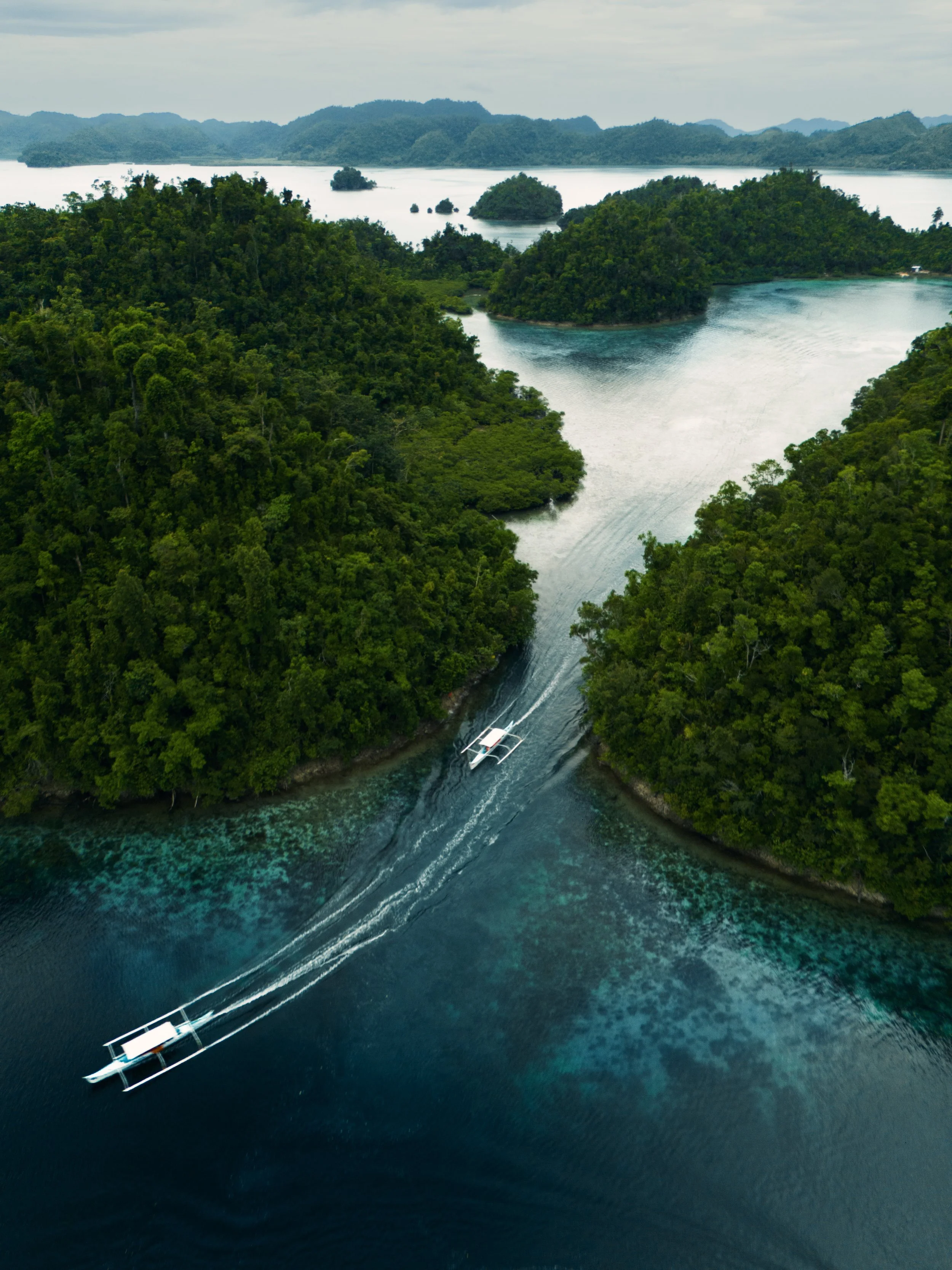 Aerial view of a lush green tropical landscape with water and boats moving through a narrow waterway.