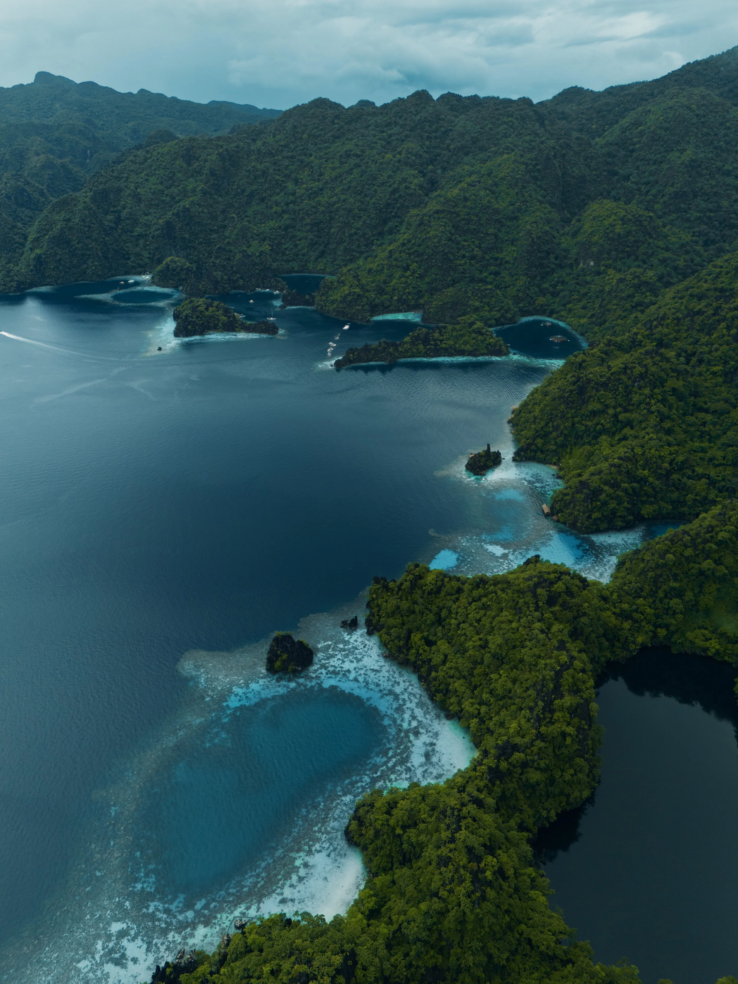 Aerial view of a lush, green island surrounded by blue water and smaller islands, with mountains and cloudy sky in the background.