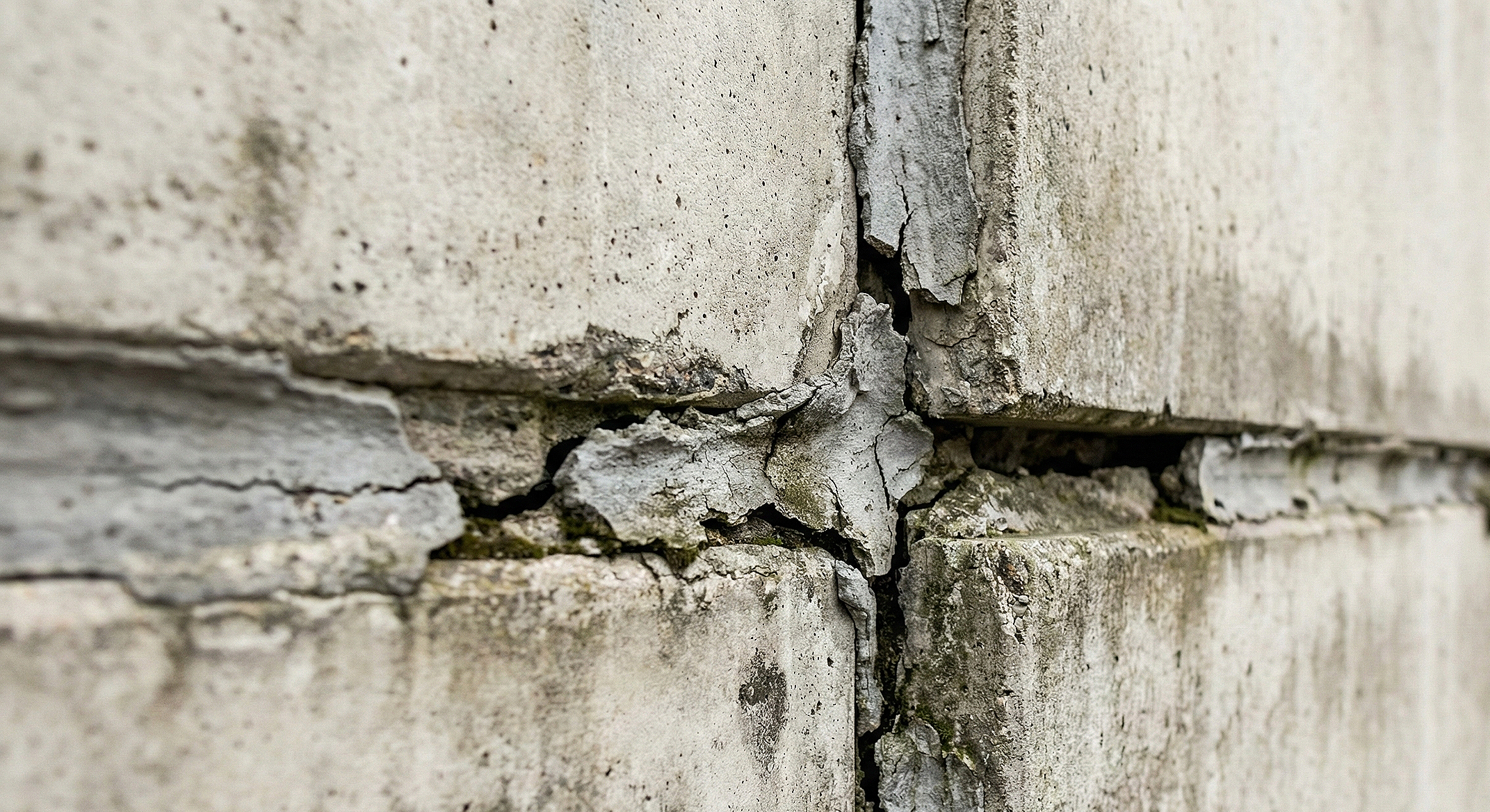 Nahaufnahme einer verwitterten Dehnungsfuge an einer Betonfassade. Die graue Dichtungsmasse zwischen den Platten ist rissig und porös – ein typisches Merkmal für alternde Baustoffe, die potenziell PCB (Polychlorierte Biphenyle) enthalten.