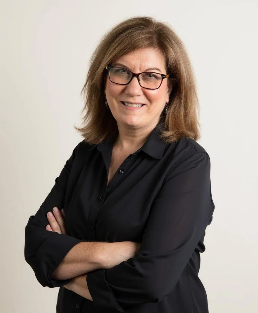 A smiling woman with shoulder-length brown hair, glasses, and earrings, wearing a black button-up shirt, standing with arms crossed against a plain white background.