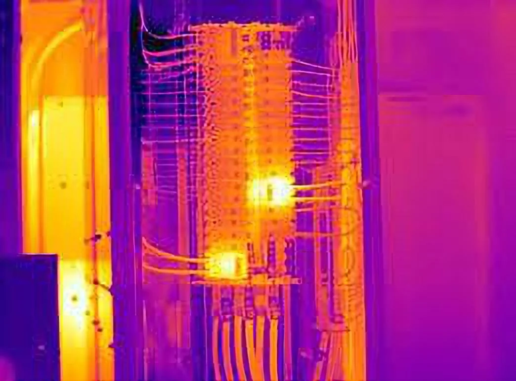 Image thermographique d'un circuit électrique avec des couleurs montrant la chaleur, principalement en orange et violet.