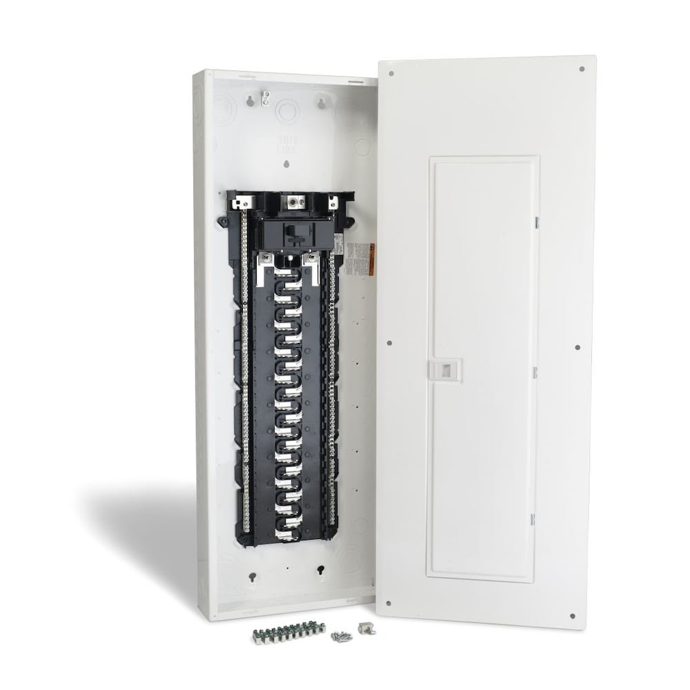 Une boîte électrique murale avec le couvercle ouvert, montrant le tableau de distribution interne avec des éléments électriques, vis, et petits accessoires placés devant.