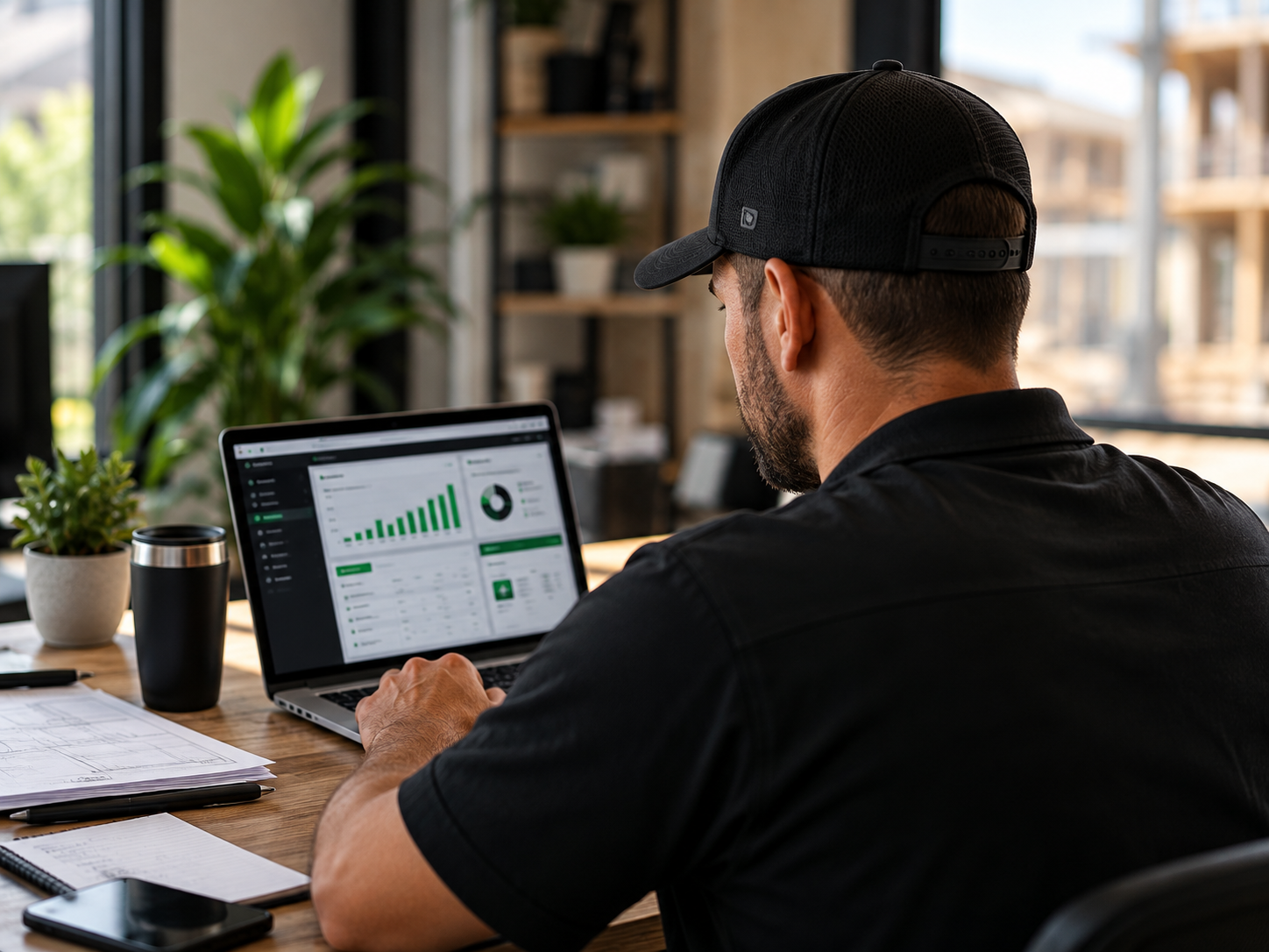 A man wearing a black baseball cap and black shirt working on a laptop displaying data charts, seated at a wooden desk with plants, notebooks, and a tablet, in a modern office with large windows.