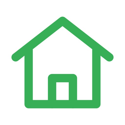 Green outline of a house with a door and roof on a black background.