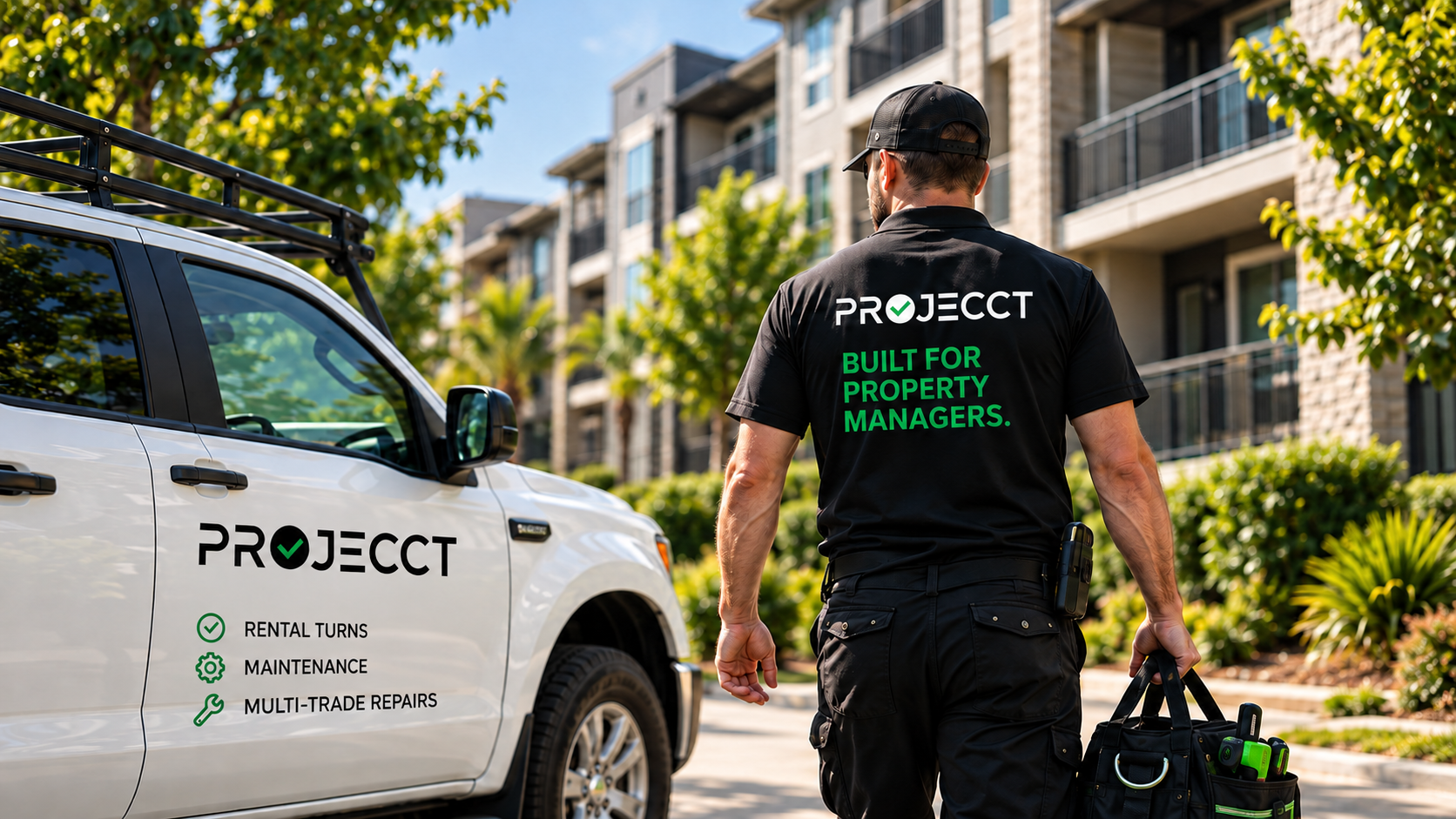 A man wearing a black shirt and cap walking away from a white service vehicle with the company name 'PROJECCT' and services listed, in a residential area with apartment buildings, trees, and bushes.