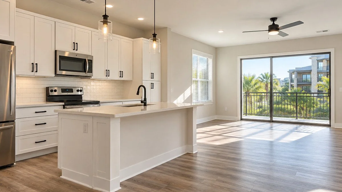 Empty modern kitchen and living room area with white cabinets, stainless steel appliances, a kitchen island, hardwood floors, large windows, a sliding glass door with outdoor balcony, and a ceiling fan.
