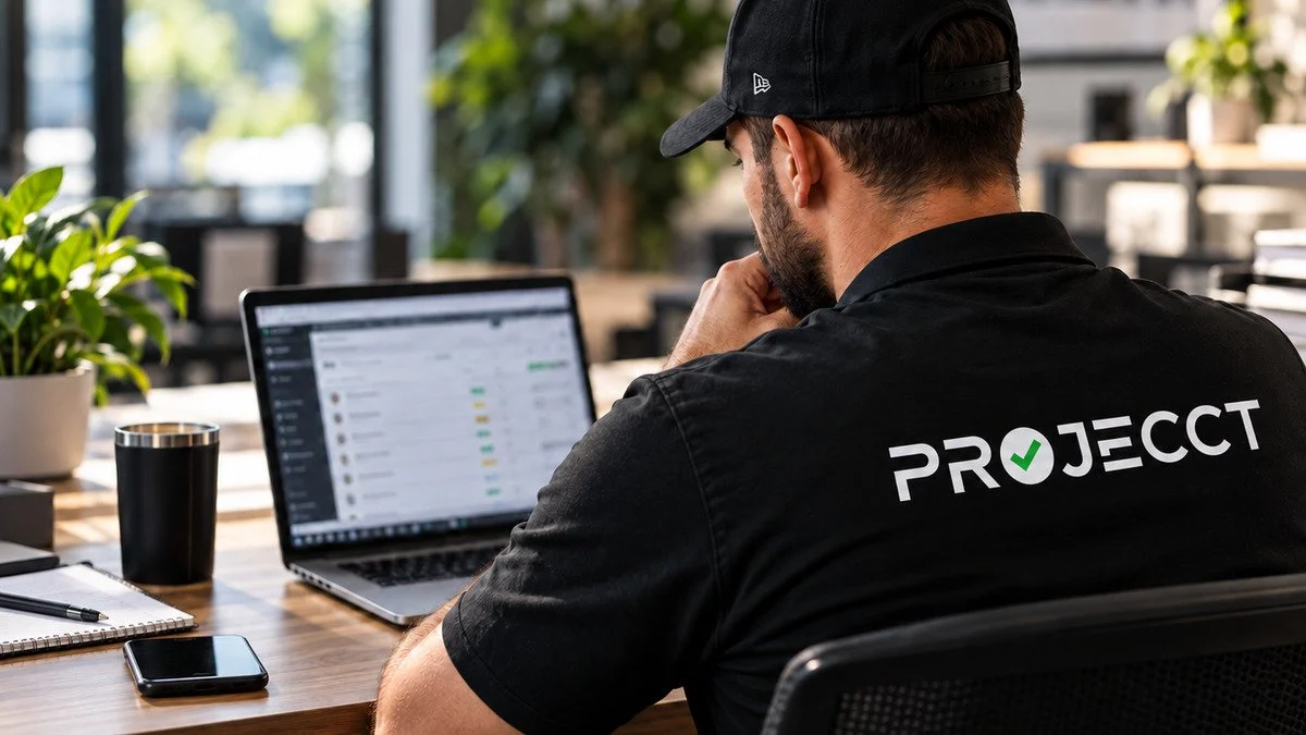 A man in casual workspace sitting at a desk with a laptop, smartphone, and notebook, wearing a black cap and a black t-shirt with 'PROJECCT' printed on the back, in a bright, modern office with plants.
