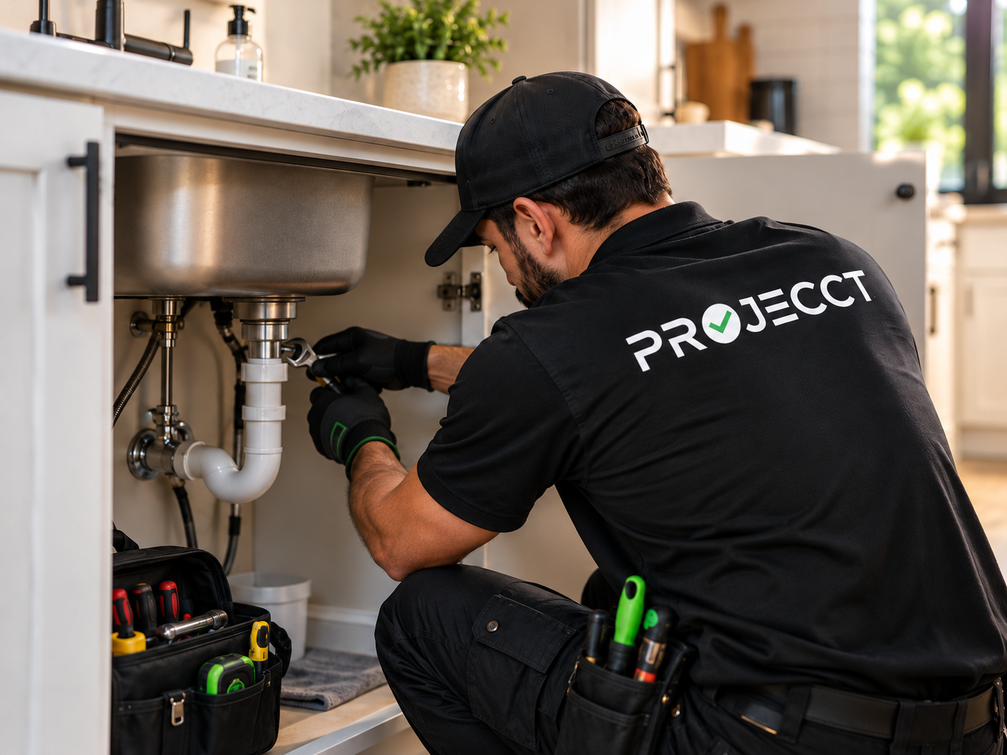 A technician with a PROECT-branded shirt and cap repairing plumbing under a kitchen sink, with tools nearby.