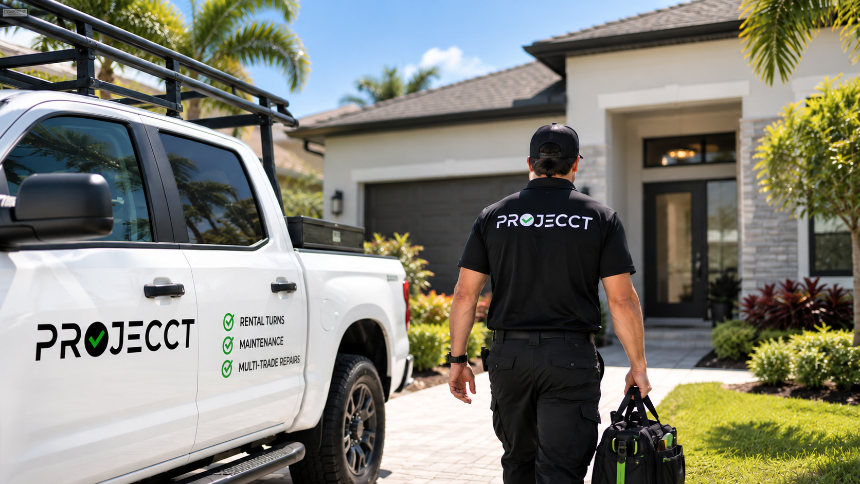 A worker from Project, a home repair company, walking towards a house with a black tool bag in hand. The house has a modern design with a white exterior, a dark garage door, and lush landscaping. A white project truck with the company's logo and service list is parked nearby.