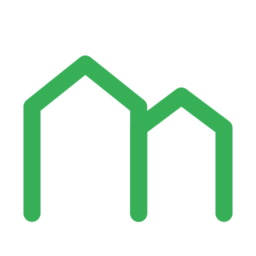 Green line drawing of a simple house with a tall roof and a smaller adjacent structure