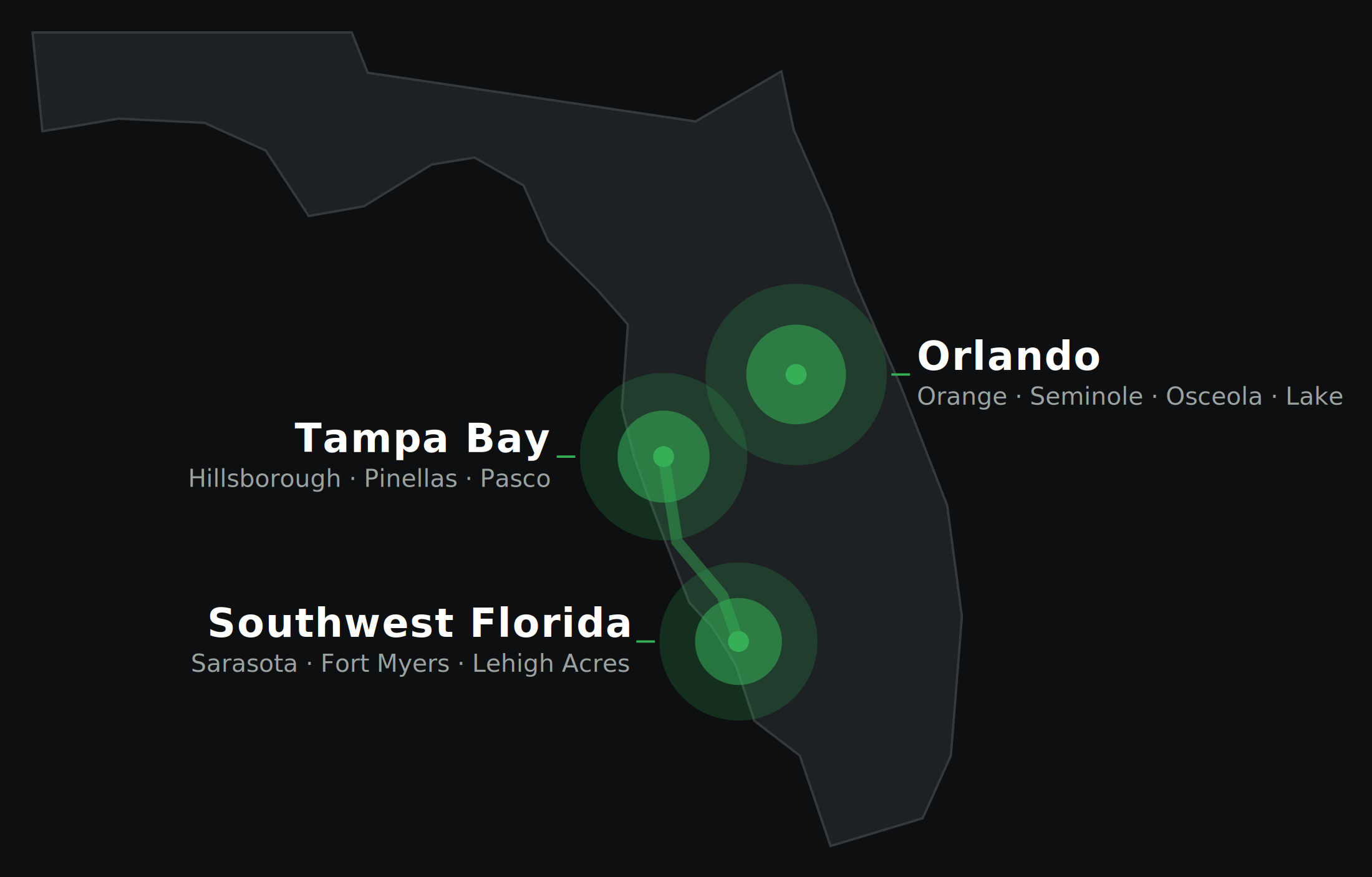 Map showing regions in Florida, including Tampa Bay, Orlando, and Southwest Florida, with names of cities and areas highlighted.