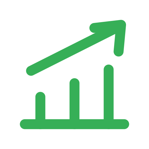 Green upward trending arrow over bar chart showing growth