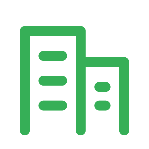 Icon of two green buildings, one taller and one shorter, representing real estate or office buildings.