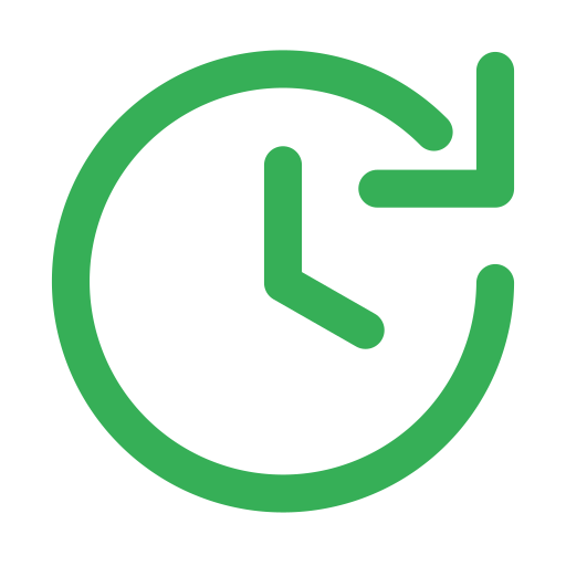 Green clock icon with two hands indicating time.