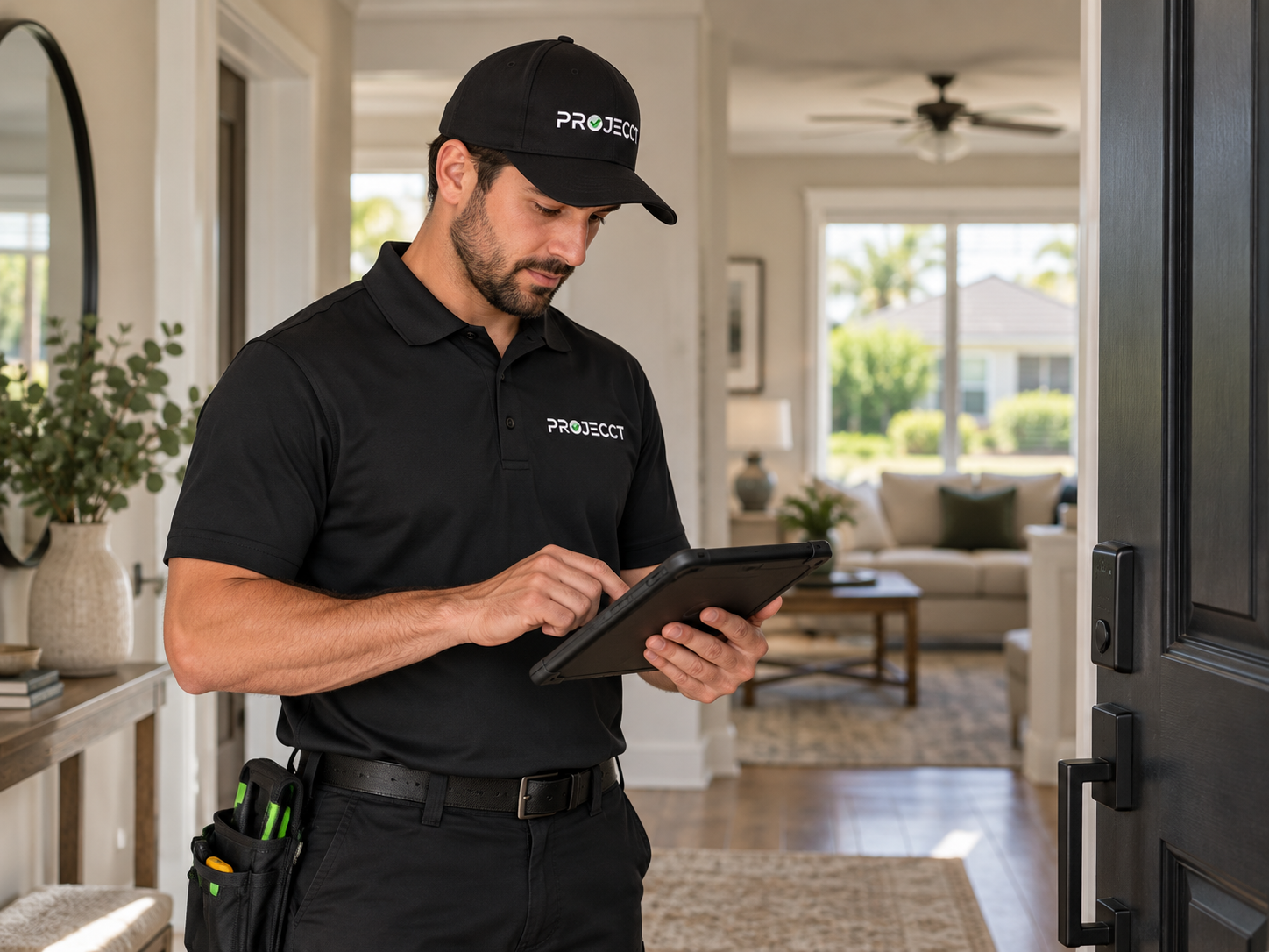 A male service technician in black uniform and cap with 'PROJECCT' logo, using a tablet inside a home with bright living room in background.