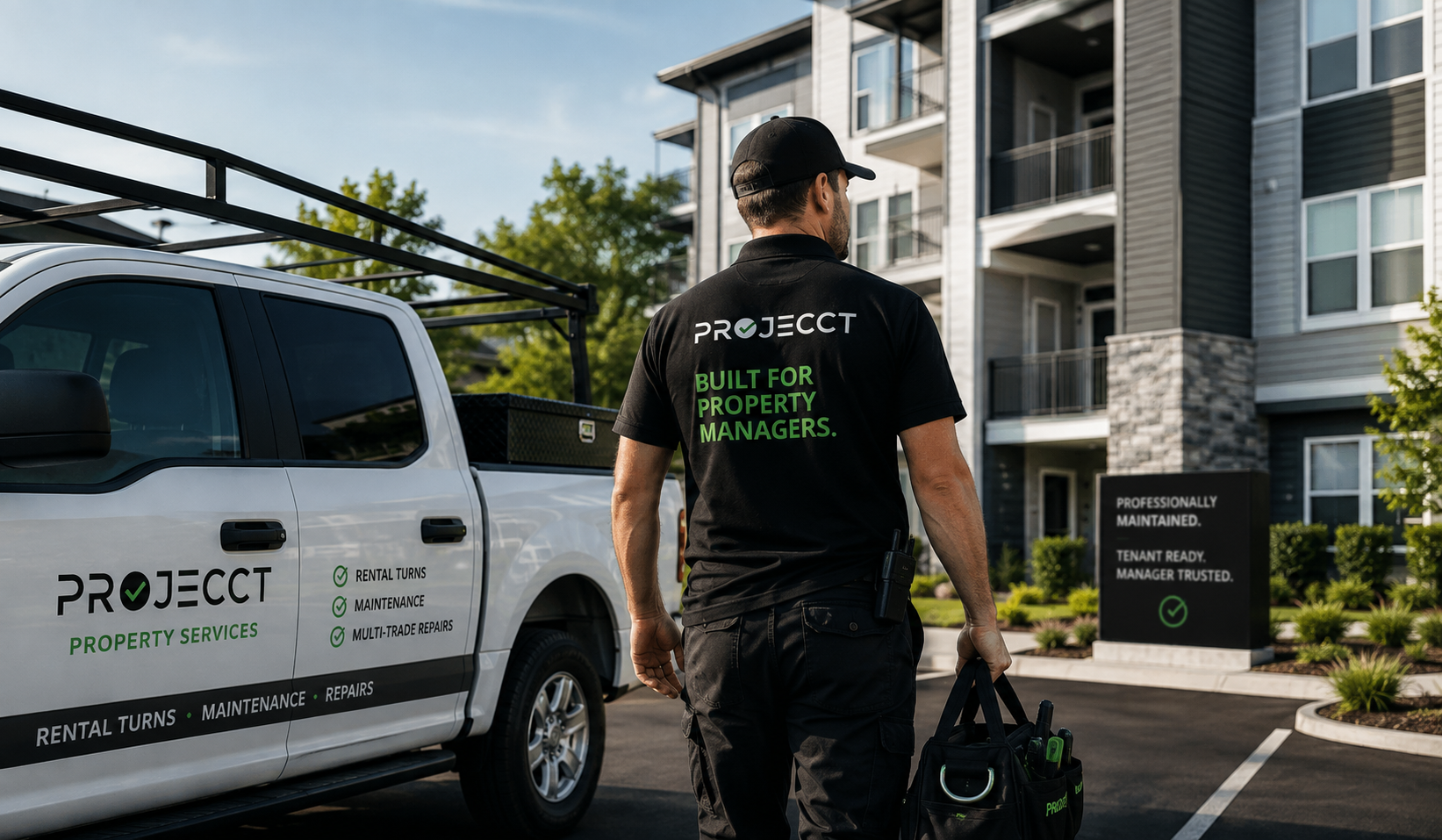 A property manager in a black uniform holding a toolbox and standing next to a white service truck marked 'Project Property Services' with services listed, in front of a modern residential building.