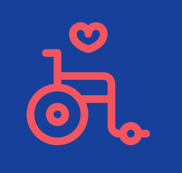 Icon of a pink wheelchair with a pink heart above it on a blue background.