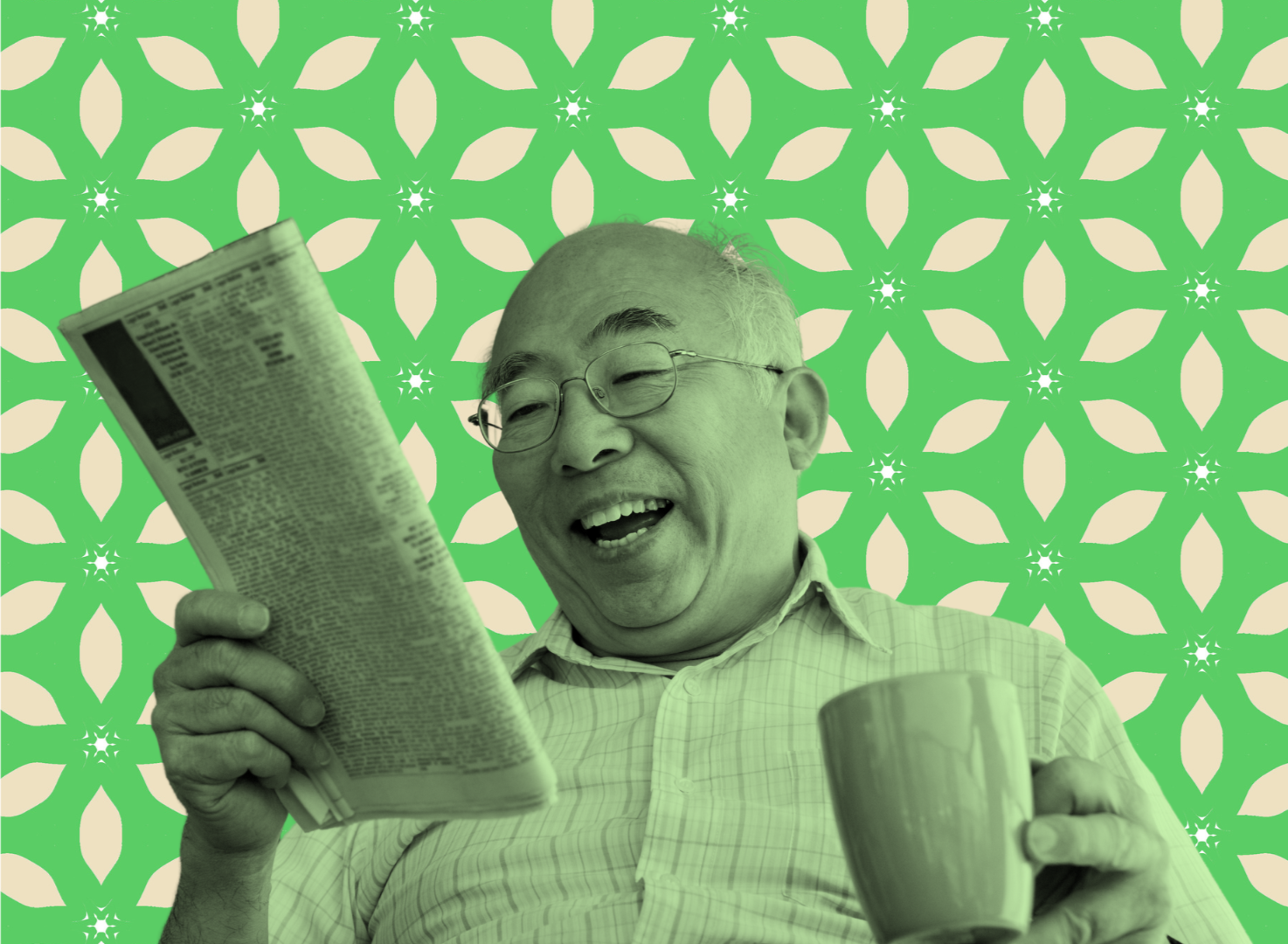Man with glasses reading a newspaper and holding a mug, against a green and white patterned background.