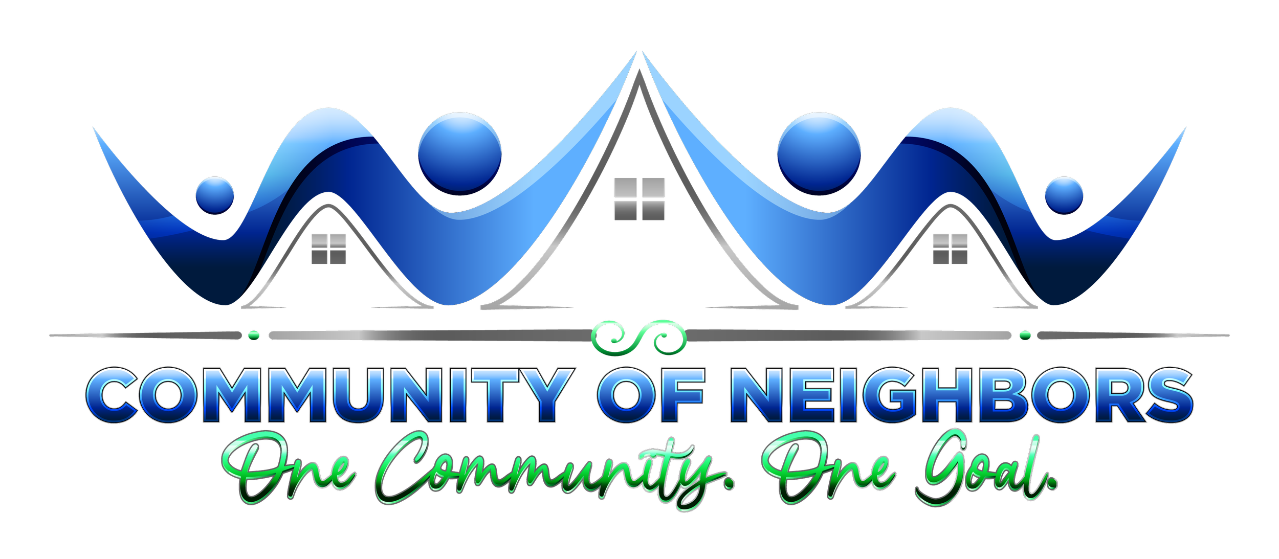 A stylized graphic of blue waves with small house icons, labeled 'Community of Neighbors,' with the slogan 'One Community. One Goal.' in green.