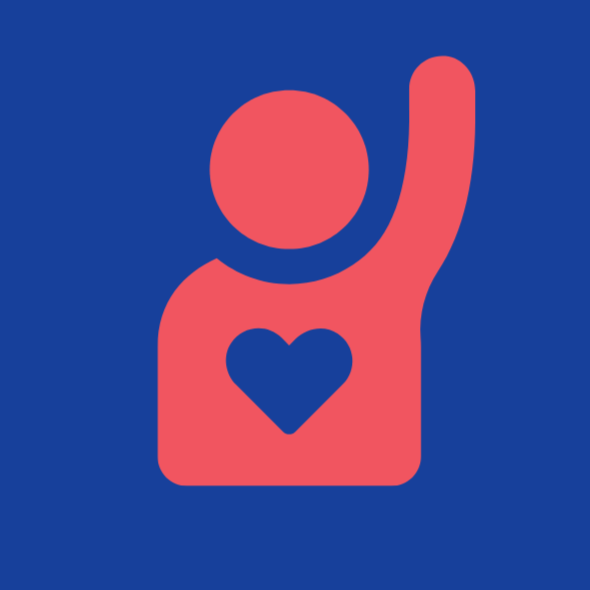 A stylized icon of a person with an arm raised, a heart on their chest, all in pink on a blue background.