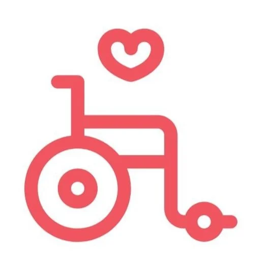 A red outline drawing of a wheelchair with a heart-shaped symbol above it.