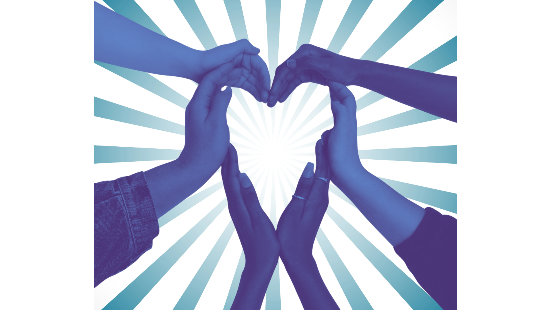 Multiple hands forming a heart shape against a background of radiating light rays.