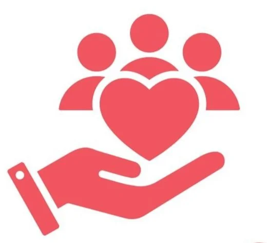 A red hand holding a heart with three people icons above it.