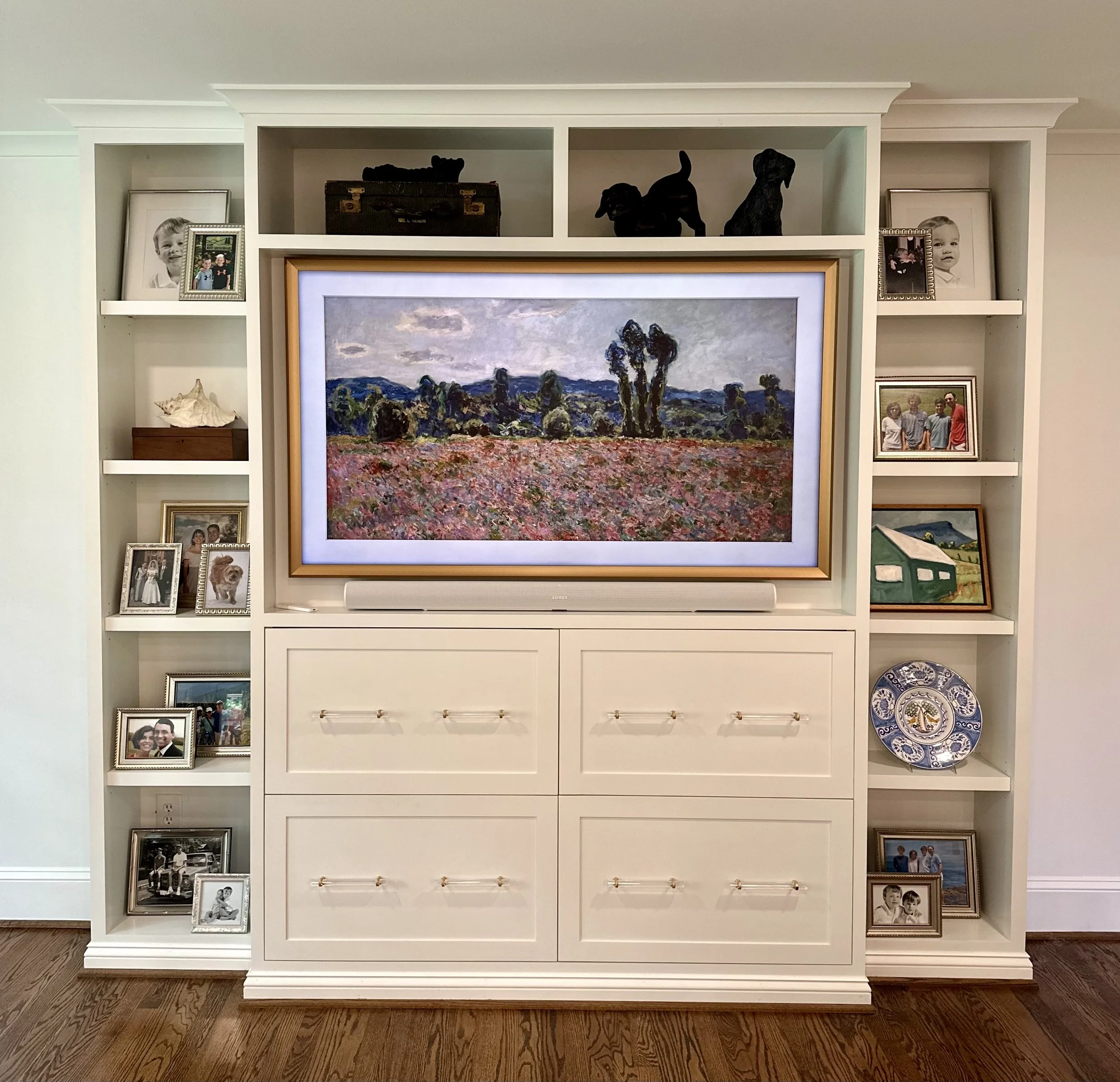 Living room entertainment center and display shelves
