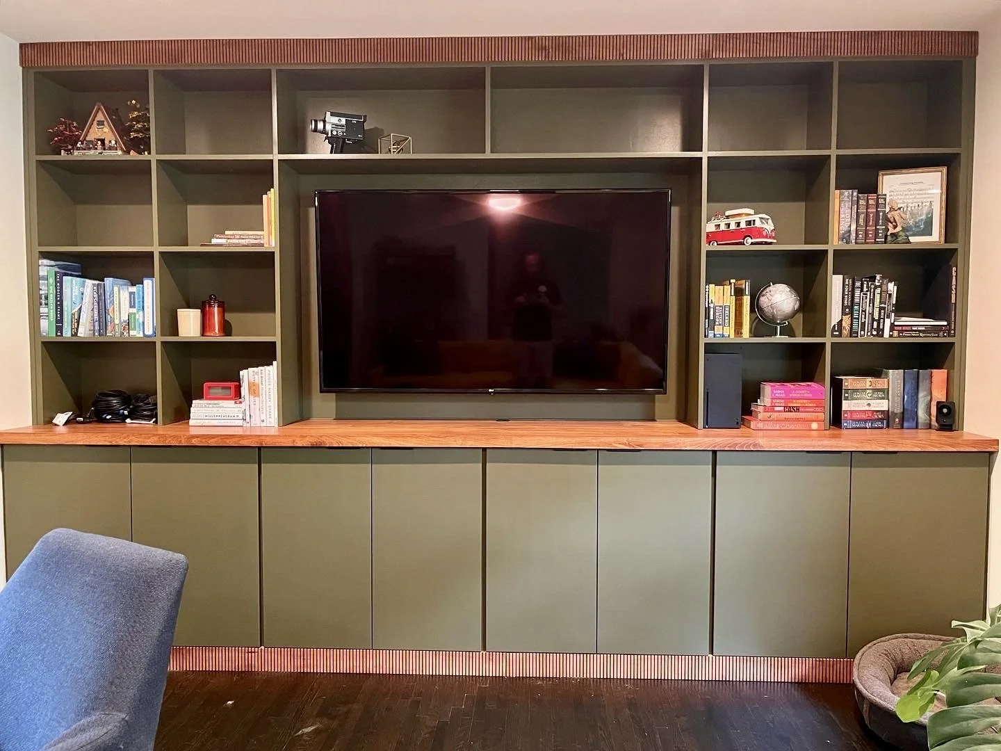 Mid century modern style entertainment center with custom made trim