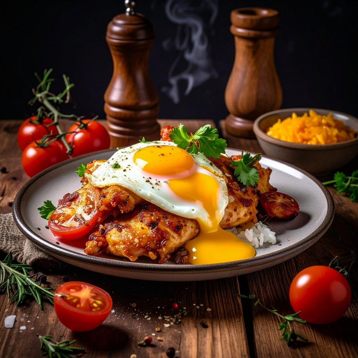 A plate of cooked chicken topped with a fried egg, cherry tomatoes, and garnished with fresh herbs. In the background, there are tomatoes on the vine, a bowl of yellow rice, and salt and pepper shakers on a wooden table.