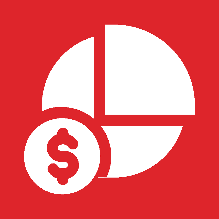 Red background with a white pie chart and a dollar sign inside a circle overlay.